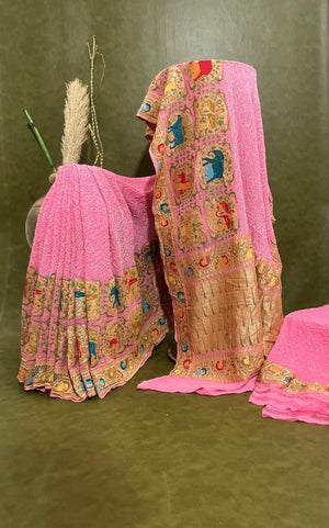 Exclusive Pure Georgette Rai Bandhani Saree