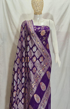 Handbrush Dyed Banarasi Handloom Pure Khaddi Georgette Suit – 3 Piece Set