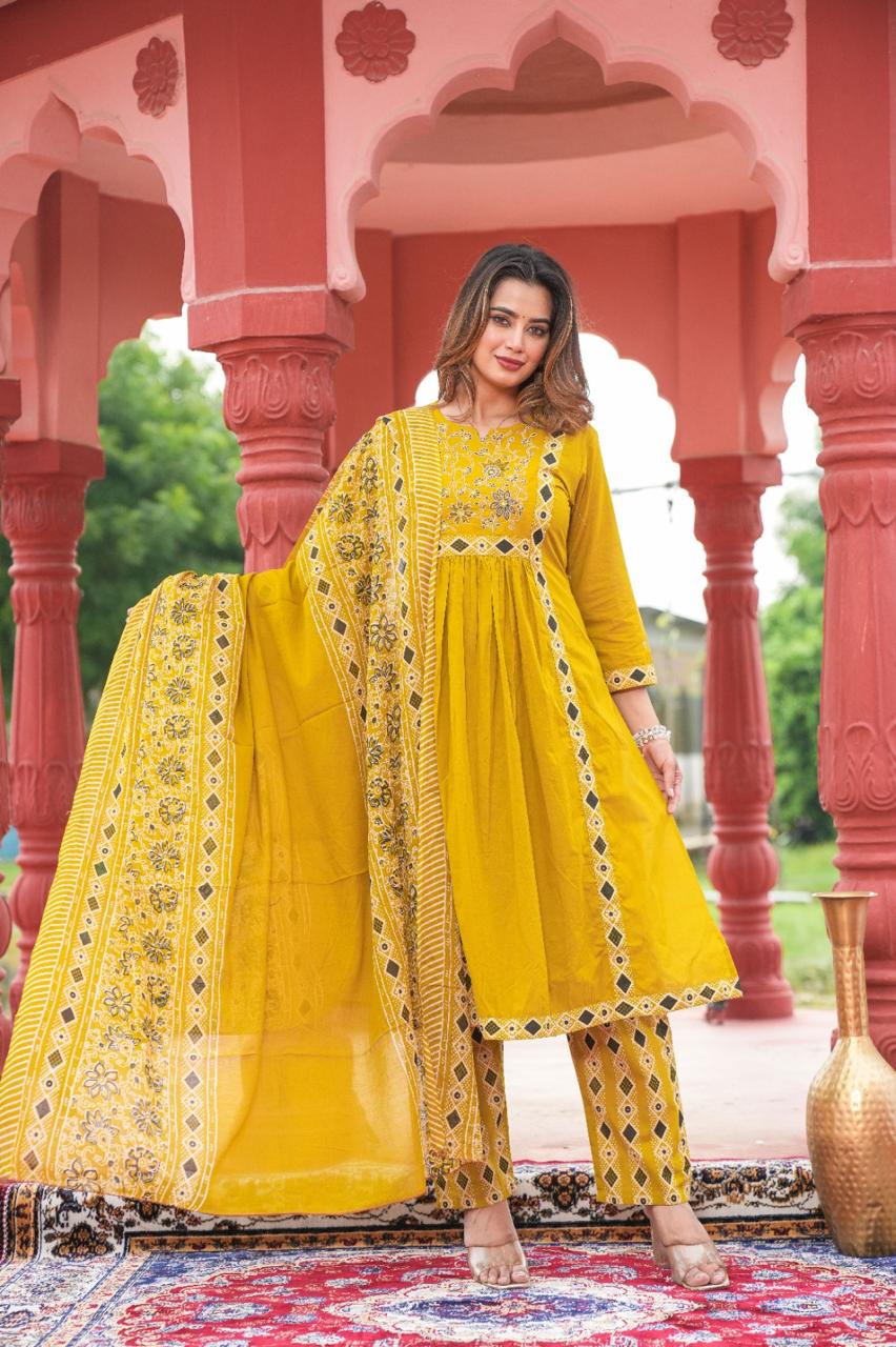 Cotton Embroidered A-line Kurta Set with Pant & Dupatta