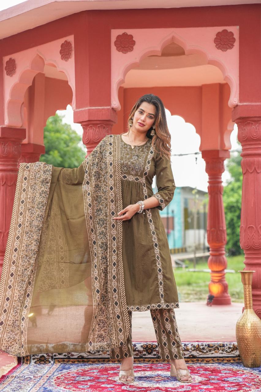 Cotton Embroidered A-line Kurta Set with Pant & Dupatta