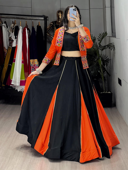 Black & Fanta Orange Navratri Lehenga Set with Koti