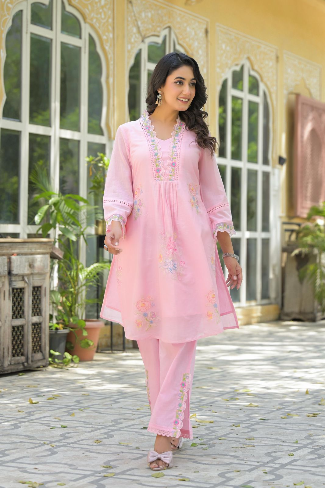 Premium Cotton Embroidered Coord Set – Kurta & Pant with Lace Detailing