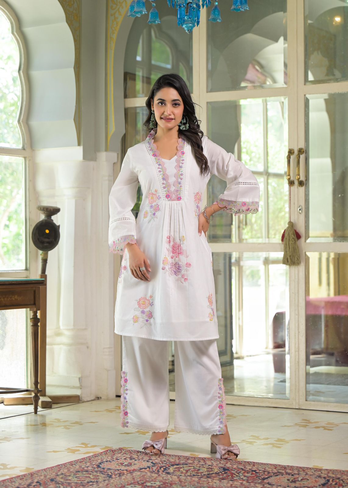 Premium Cotton Embroidered Coord Set – Kurta & Pant with Lace Detailing