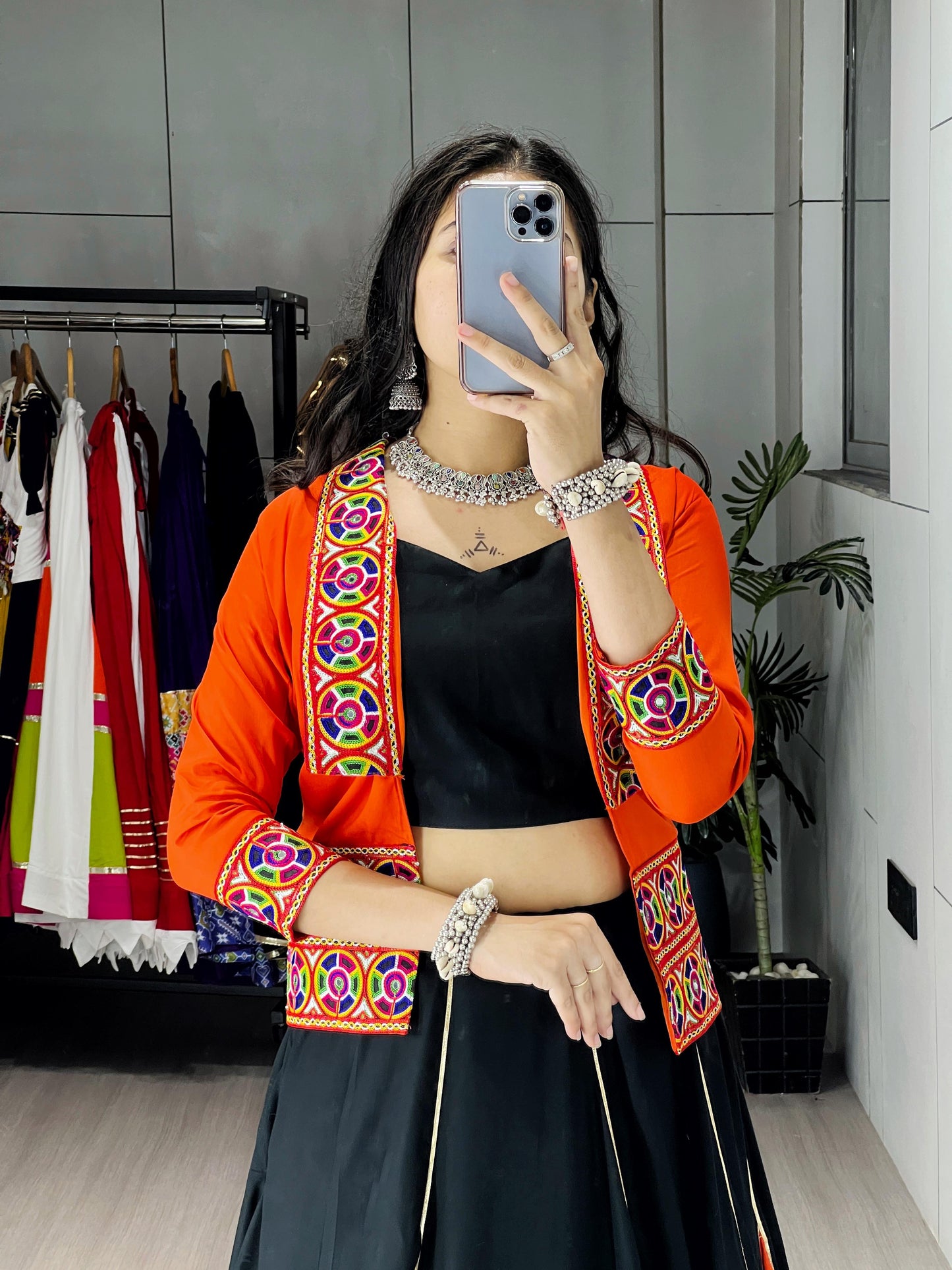 Black & Fanta Orange Navratri Lehenga Set with Koti