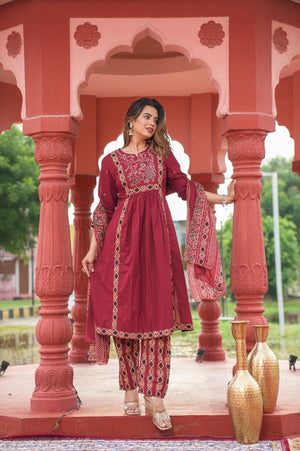 Cotton Embroidered A-line Kurta Set with Pant & Dupatta